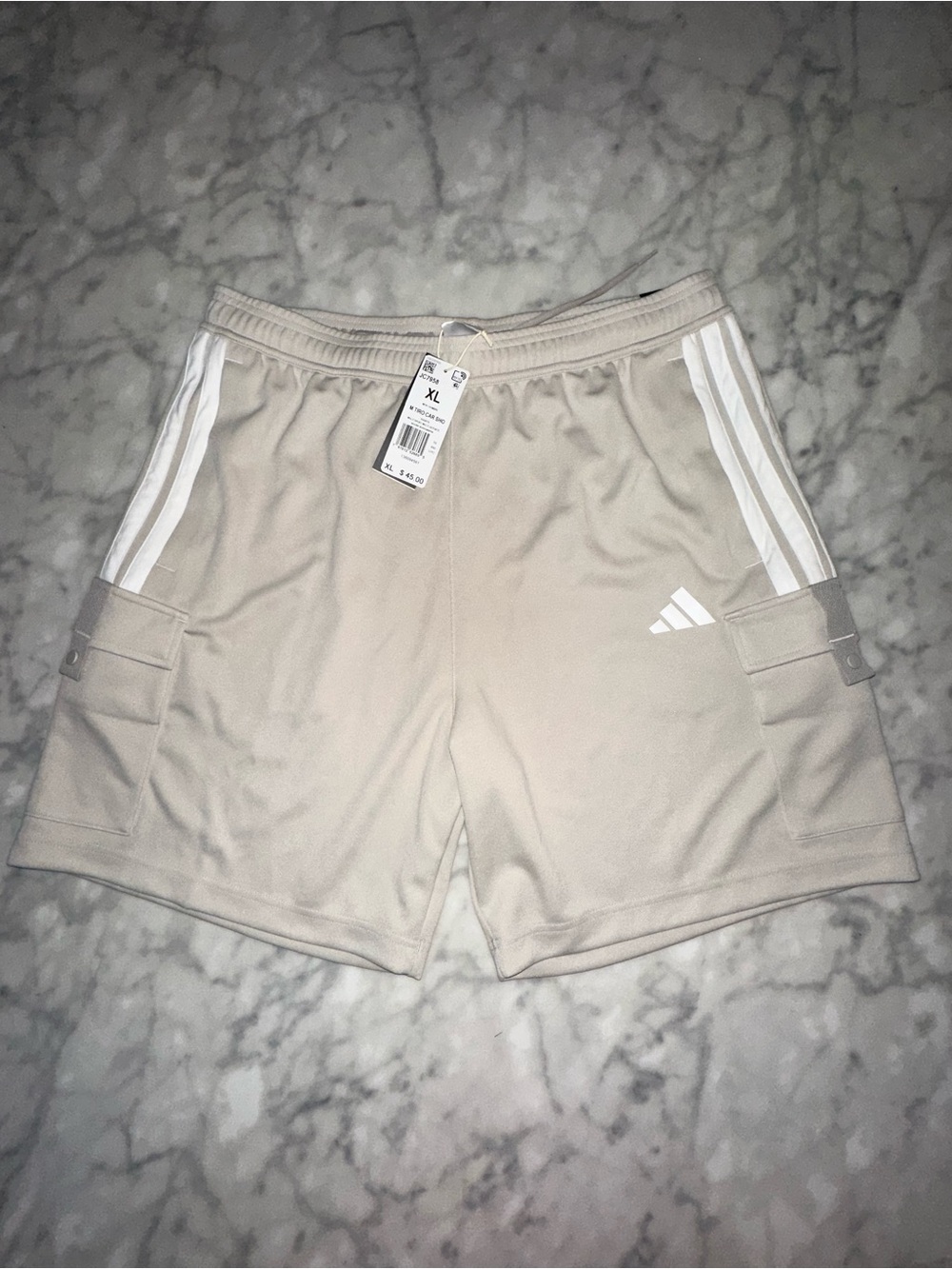 adidas Men’s Light Beige Athletic Shorts with White 3-Stripes